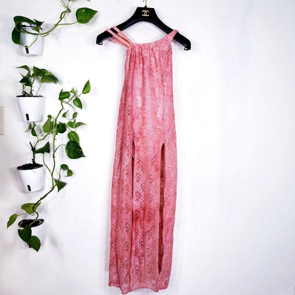 Dance Costume Dress Girls L Pink Halter Lace Maxi Slit‎ Sparkly USA Made KELLE